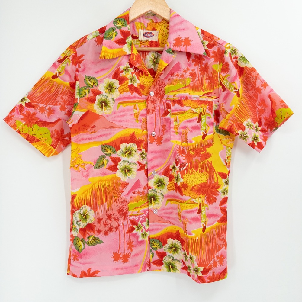60s Pomare Hawaii Button Down Mens Medium Pink Vintage Tropical Hula Camp Shirt